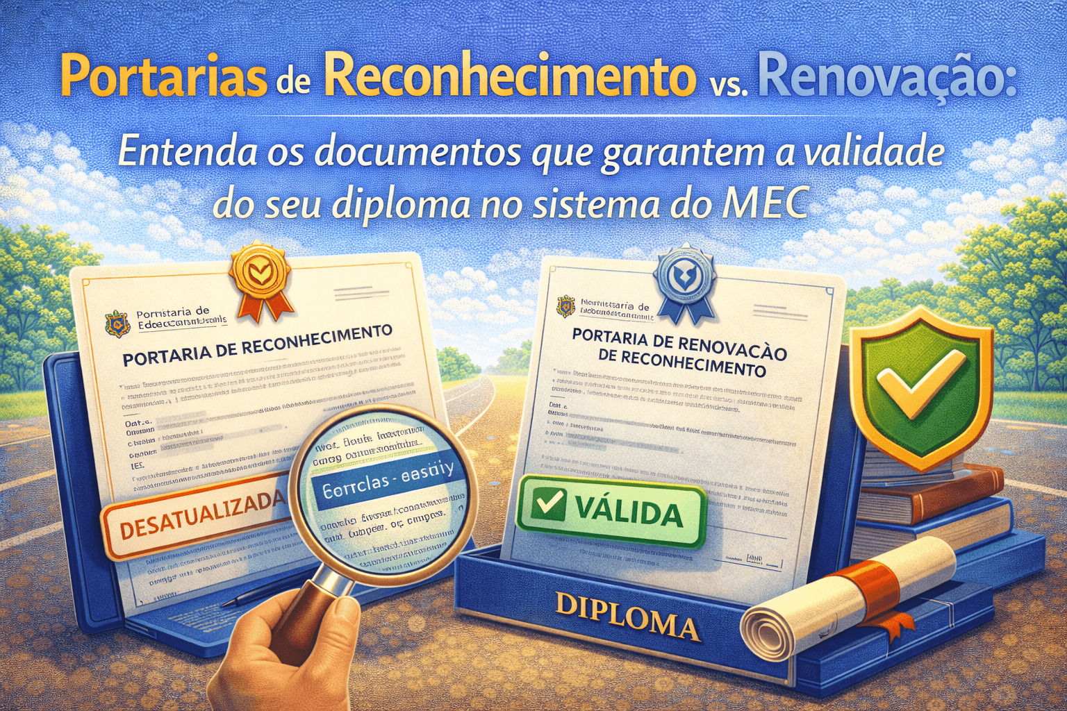 Estudante com diploma na mão verificando o número da Portaria de Reconhecimento MEC no verso do documento