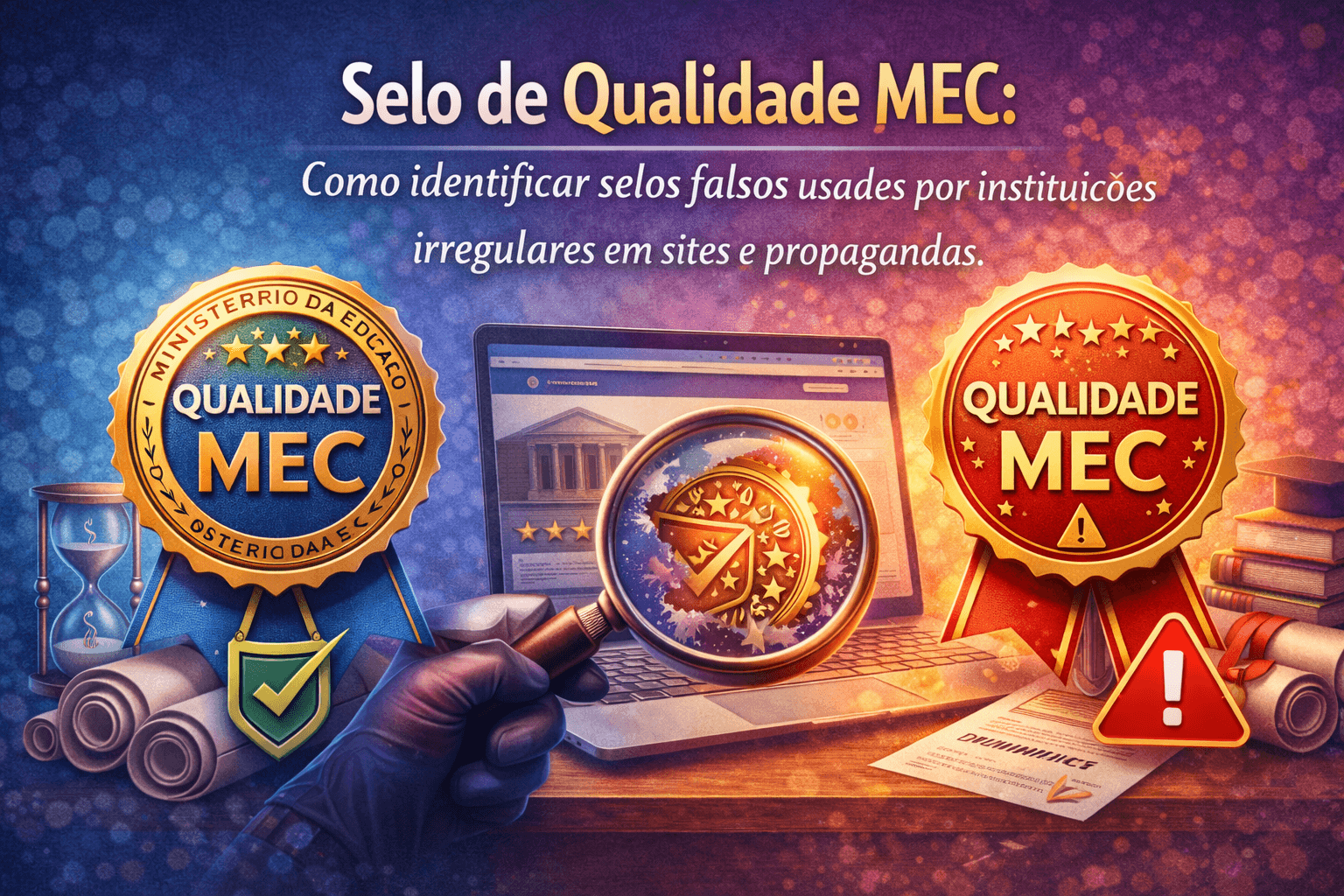 Estudante verificando no computador a autenticidade do selo de qualidade MEC no site de uma faculdade