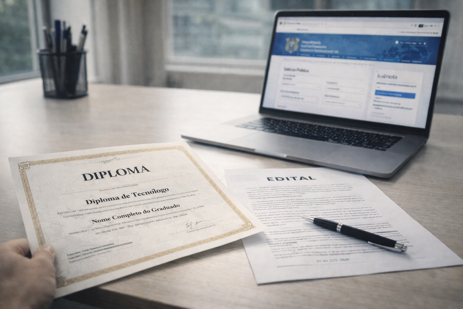 Pessoa segurando um diploma de tecnólogo ao lado de livros e um notebook, simbolizando o nível superior